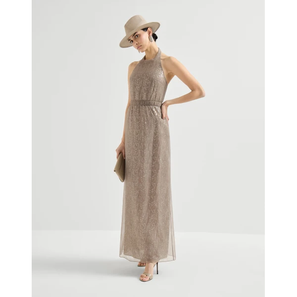 Brunello Cucinelli Dazzling embroidery halterneck dress in Rope, view 6