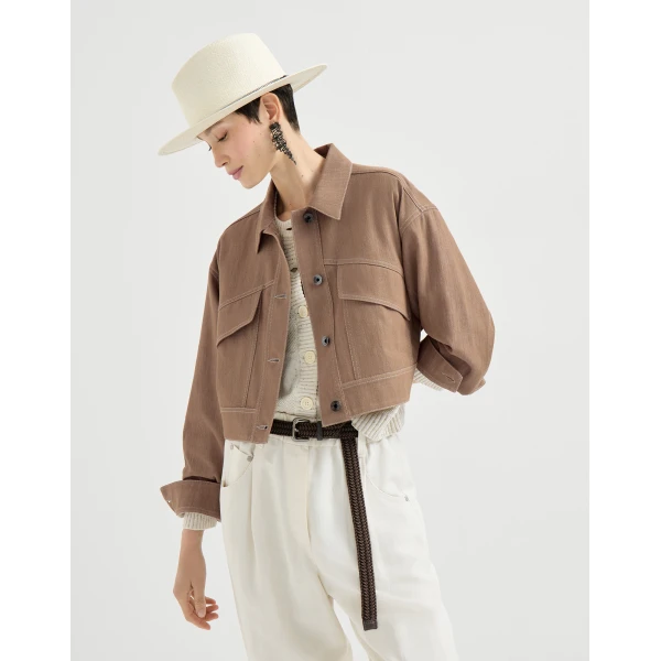 Brunello Cucinelli Denim-effect twill outerwear jacket in Desert, view 5