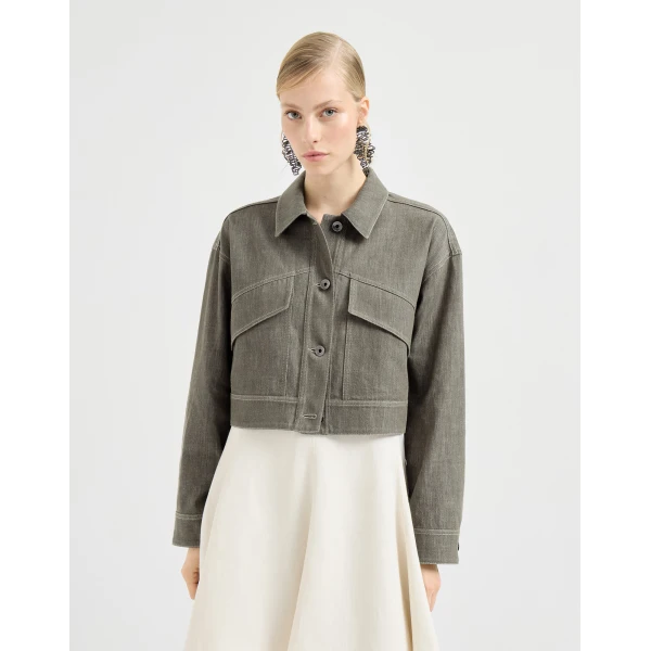 Brunello Cucinelli Denim-effect twill outerwear jacket in Olive, view 2