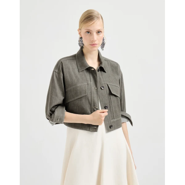 Brunello Cucinelli Denim-effect twill outerwear jacket in Olive, view 5