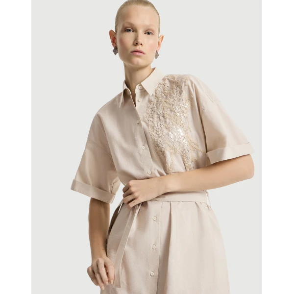 Brunello Cucinelli Dress with dazzling seabed embroidery in Beige Silk, view 5