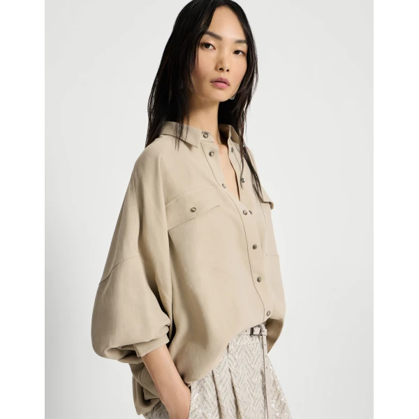 Brunello Cucinelli Fluid twill shirt in Sand, view 5