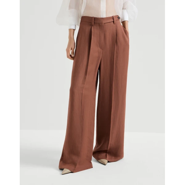 Brunello Cucinelli Fluid twill wide trousers with monili in Firebrick, view 2
