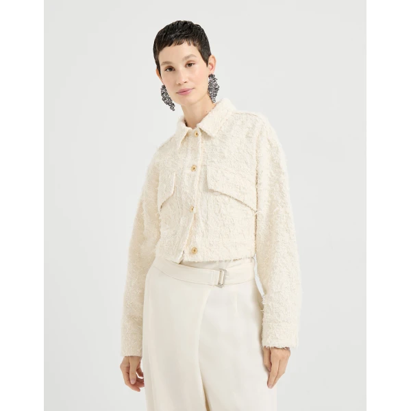 Brunello Cucinelli Fuzzy denim outerwear jacket in Ivory, view 2
