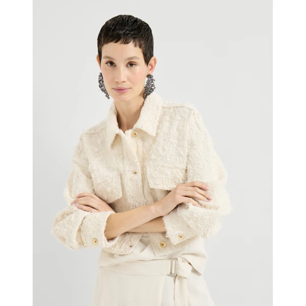 Brunello Cucinelli Fuzzy denim outerwear jacket in Ivory, view 5