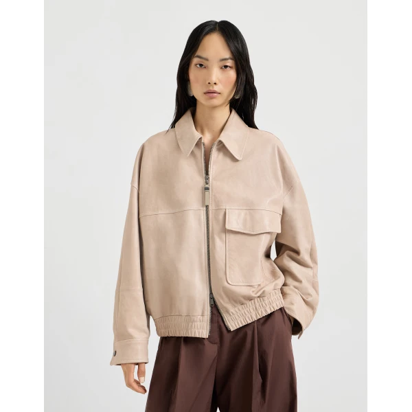 Brunello Cucinelli Glossy nappa leather outerwear jacket in Beige, view 2