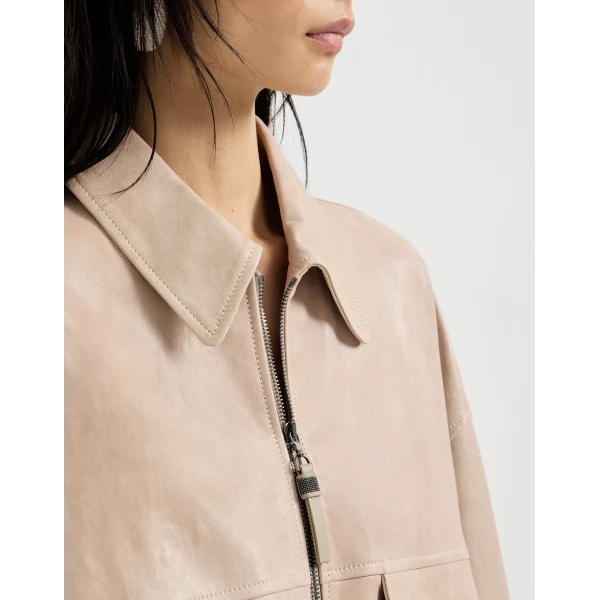 Brunello Cucinelli Glossy nappa leather outerwear jacket in Beige, view 4