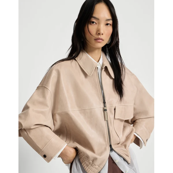Brunello Cucinelli Glossy nappa leather outerwear jacket in Beige, view 5