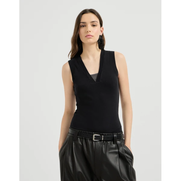 Brunello Cucinelli Jersey T-shirt with Precious Faux-Layering in Black Top, view 2