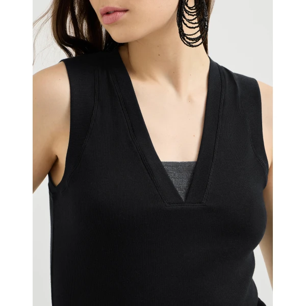 Brunello Cucinelli Jersey T-shirt with Precious Faux-Layering in Black Top, view 4
