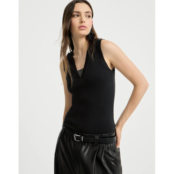 Brunello Cucinelli Jersey T-shirt with Precious Faux-Layering in Black Top, view 5