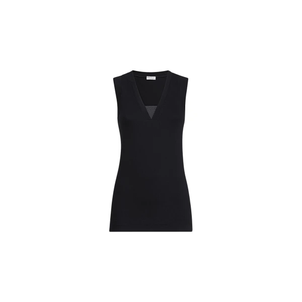 Brunello Cucinelli Jersey T-shirt with Precious Faux-Layering in Black Top