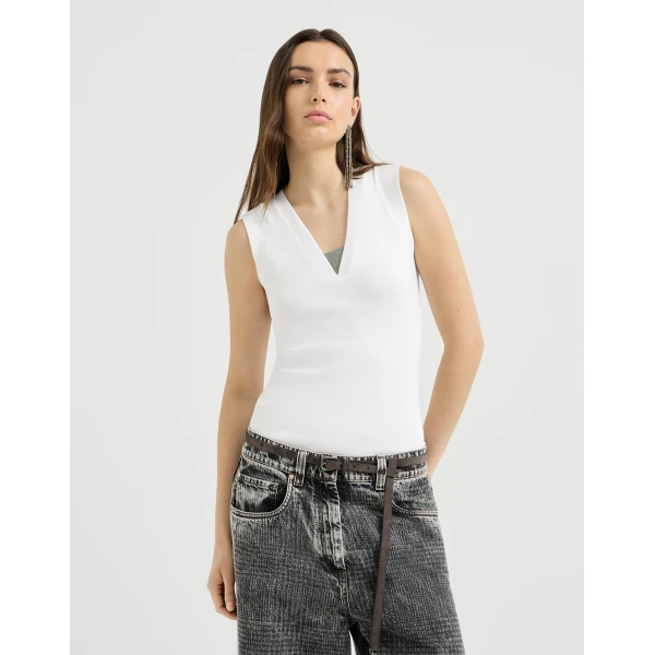 Brunello Cucinelli Jersey T-shirt with Precious Faux-Layering in White Top, view 2