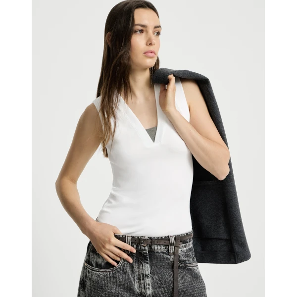 Brunello Cucinelli Jersey T-shirt with Precious Faux-Layering in White Top, view 5