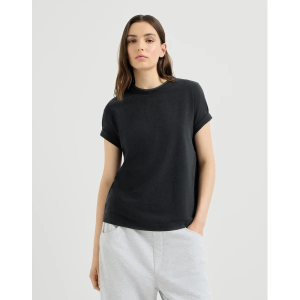 Brunello Cucinelli Jersey T-shirt with monili in Anthracite Top, view 2