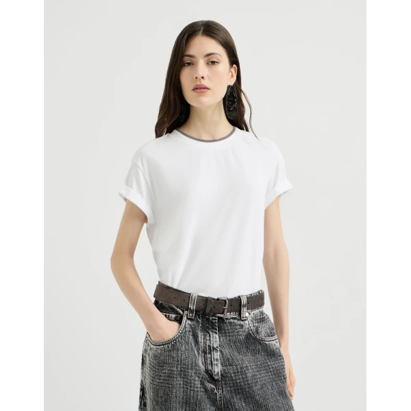Brunello Cucinelli Jersey T-shirt with monili in White Top, view 2