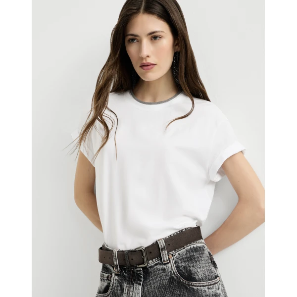 Brunello Cucinelli Jersey T-shirt with monili in White Top, view 5