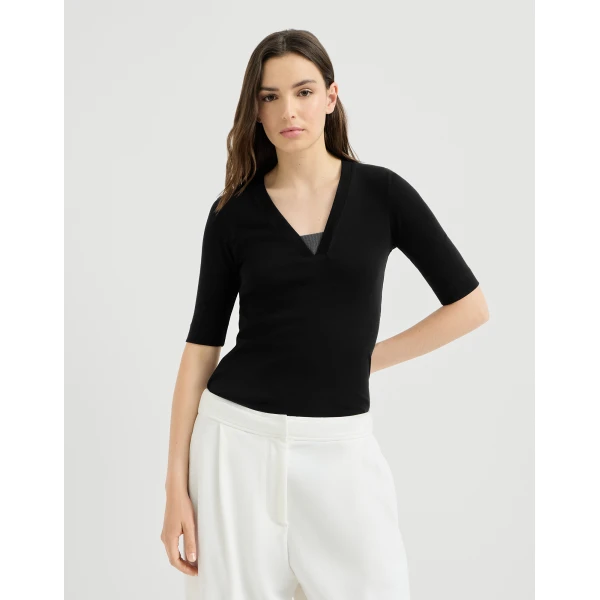 Brunello Cucinelli Jersey top with Precious Insert in Black, view 2