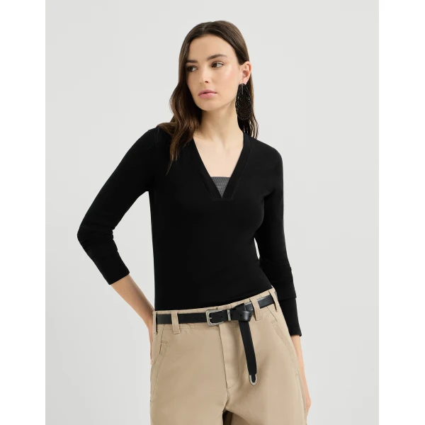 Brunello Cucinelli Jersey top with Precious Insert in Black, view 2