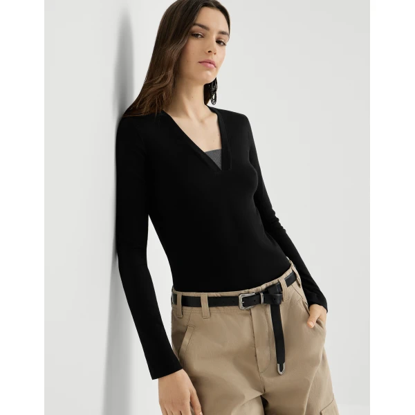 Brunello Cucinelli Jersey top with Precious Insert in Black, view 5