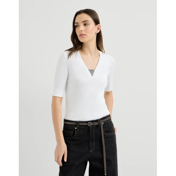 Brunello Cucinelli Jersey top with Precious Insert in White, view 2