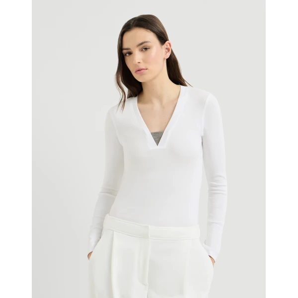 Brunello Cucinelli Jersey top with Precious Insert in White, view 2