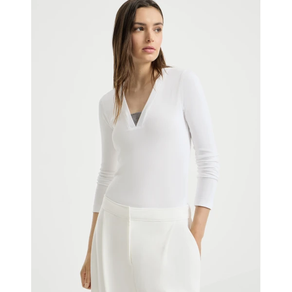 Brunello Cucinelli Jersey top with Precious Insert in White, view 5