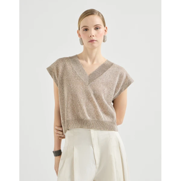 Brunello Cucinelli Linen and cotton Diamond yarn sweater in Light Brown, view 2