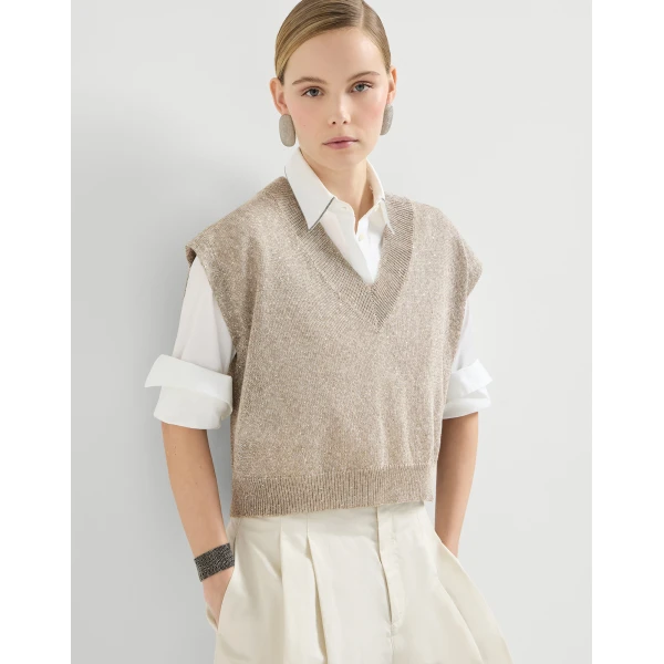 Brunello Cucinelli Linen and cotton Diamond yarn sweater in Light Brown, view 5