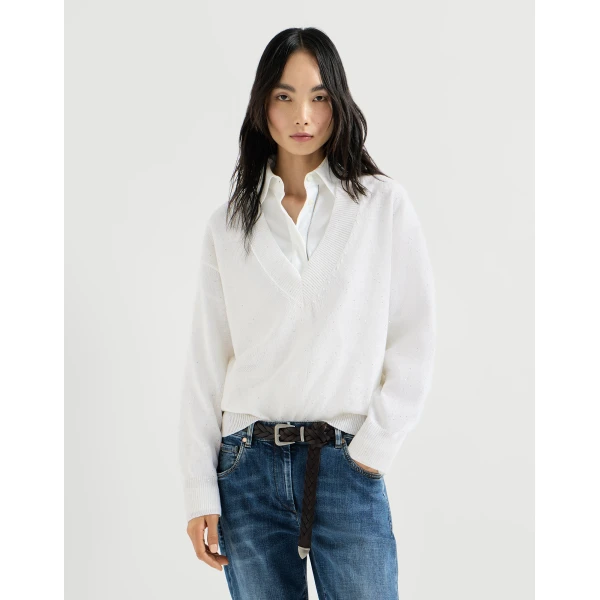 Brunello Cucinelli Linen and cotton Diamond yarn sweater in White, view 2