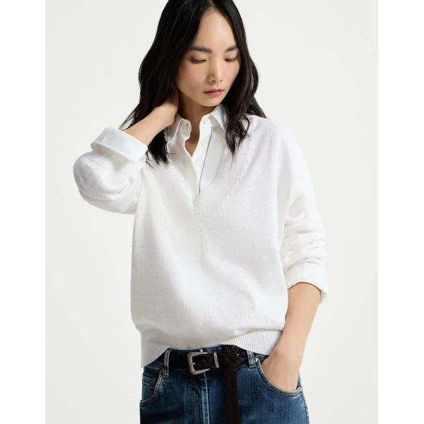 Brunello Cucinelli Linen and cotton Diamond yarn sweater in White, view 5