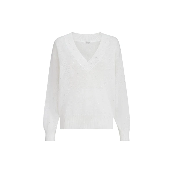 Brunello Cucinelli Linen and cotton Diamond yarn sweater in White