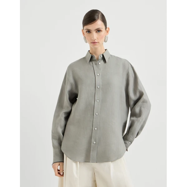Brunello Cucinelli Linen shirt with monili in Khaki, view 2
