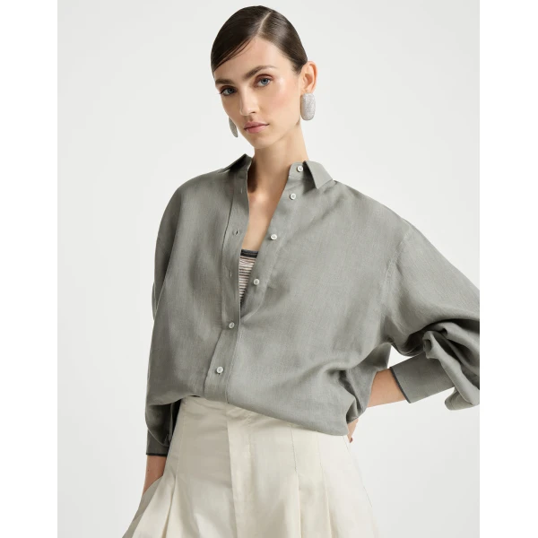 Brunello Cucinelli Linen shirt with monili in Khaki, view 5