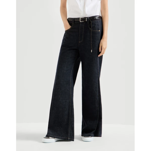 Brunello Cucinelli Loose Flared Trousers in Dark Denim, view 2