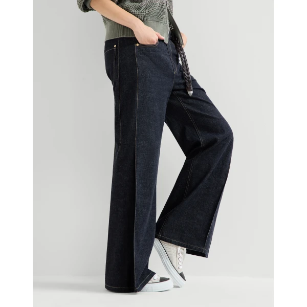 Brunello Cucinelli Loose Flared Trousers in Dark Denim, view 5