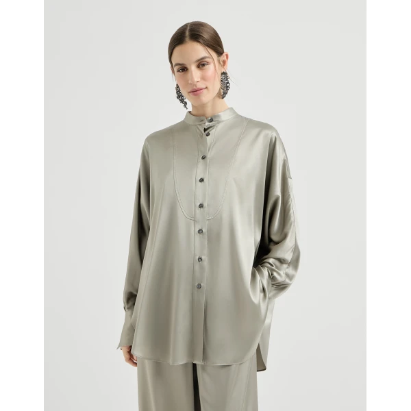 Brunello Cucinelli Mandarin-collar shirt in Olive, view 2