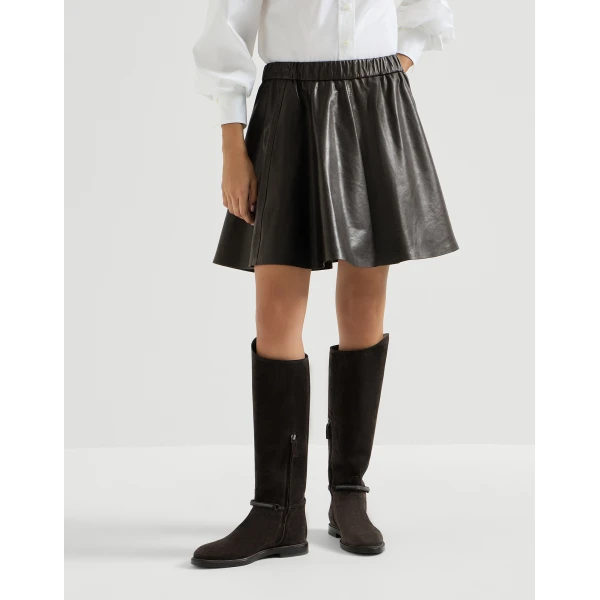 Brunello Cucinelli Nappa leather mini circle skirt in Coffee, view 2