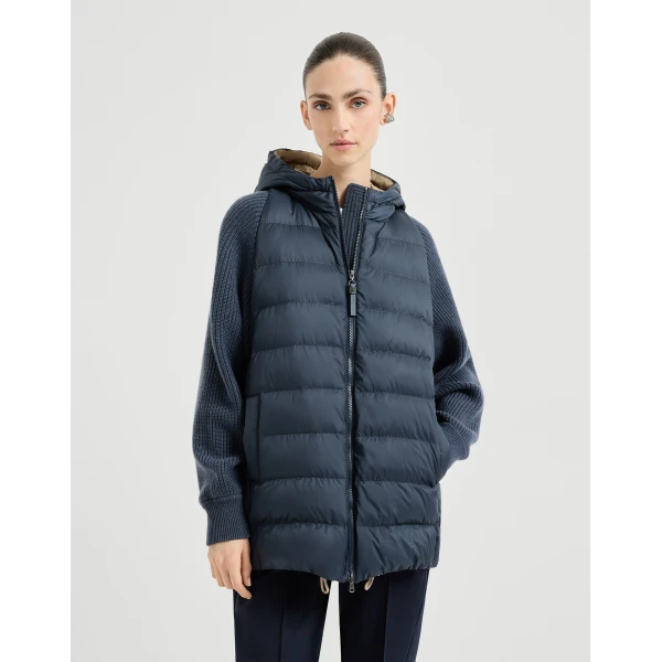 Brunello Cucinelli Nylon hooded down jacket in Blue, view 2