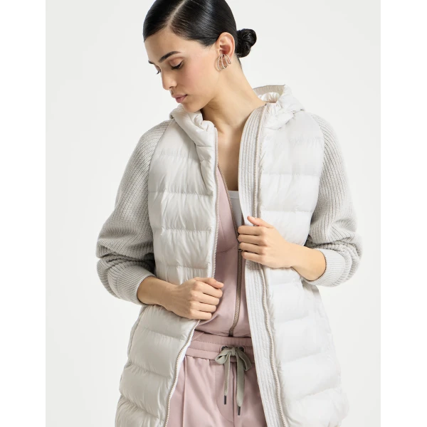 Brunello Cucinelli Nylon hooded down jacket in Light Grey, view 5