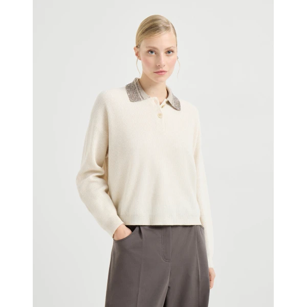 Brunello Cucinelli Polo with dazzling collar in Beige Knit, view 2