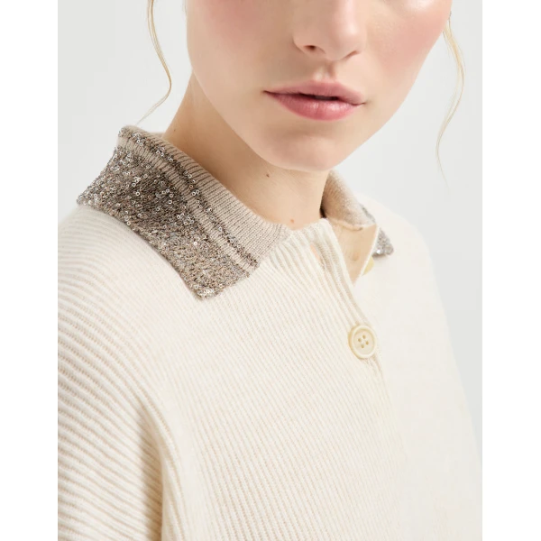Brunello Cucinelli Polo with dazzling collar in Beige Knit, view 4