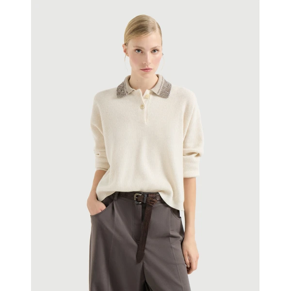 Brunello Cucinelli Polo with dazzling collar in Beige Knit, view 5