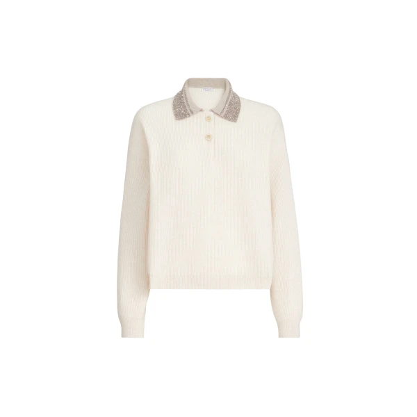 Brunello Cucinelli Polo with dazzling collar in Beige Knit
