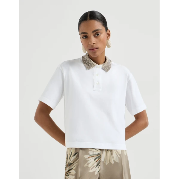 Brunello Cucinelli Polo with dazzling knit collar in White, view 2