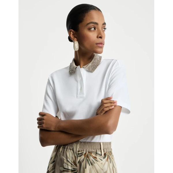 Brunello Cucinelli Polo with dazzling knit collar in White, view 5