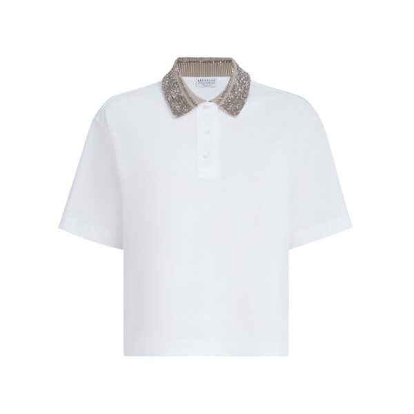 Brunello Cucinelli Polo with dazzling knit collar in White