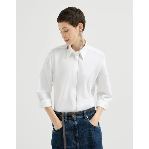 Brunello Cucinelli Poplin Shirt with Shiny Trim in White, view 2