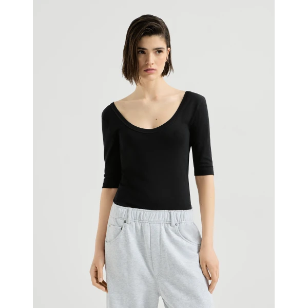 Brunello Cucinelli Ribbed jersey T-shirt in Black Top, view 2