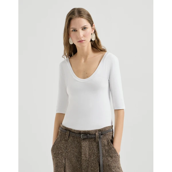 Brunello Cucinelli Ribbed jersey T-shirt in White Top, view 2